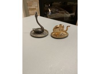 Vintage Ring Holders, Set Of 2: Silver Plated Swan And Gold Filigree Elephant