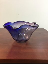 4x7 Blue Signed Ruffled Glass Candy Dish