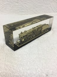 Beautiful Brass Locomotive And Tender Encased In Resin Paperweight