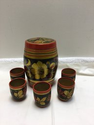 Vintage Russian Hand Painted Wood Jar And 6 Wood Cups